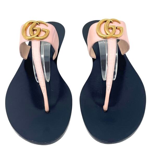 Gucci Shoes Sandals Marmont GG Logo Thong Flats Pink Black Gold Monogram 38.5 - Picture 3 of 9